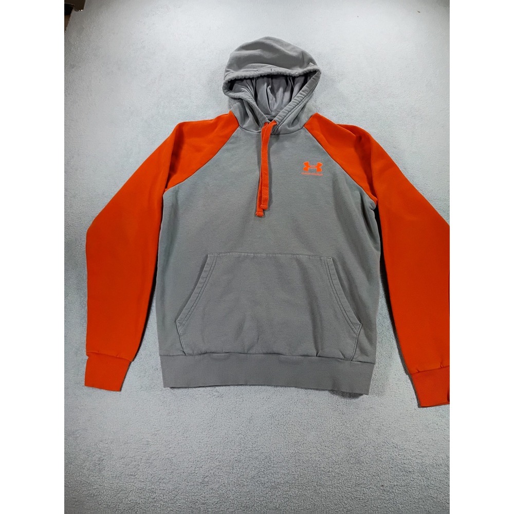 Under Armour Mens Rival Fleece Hoodie Grey Orange Small Raglan Sleeve